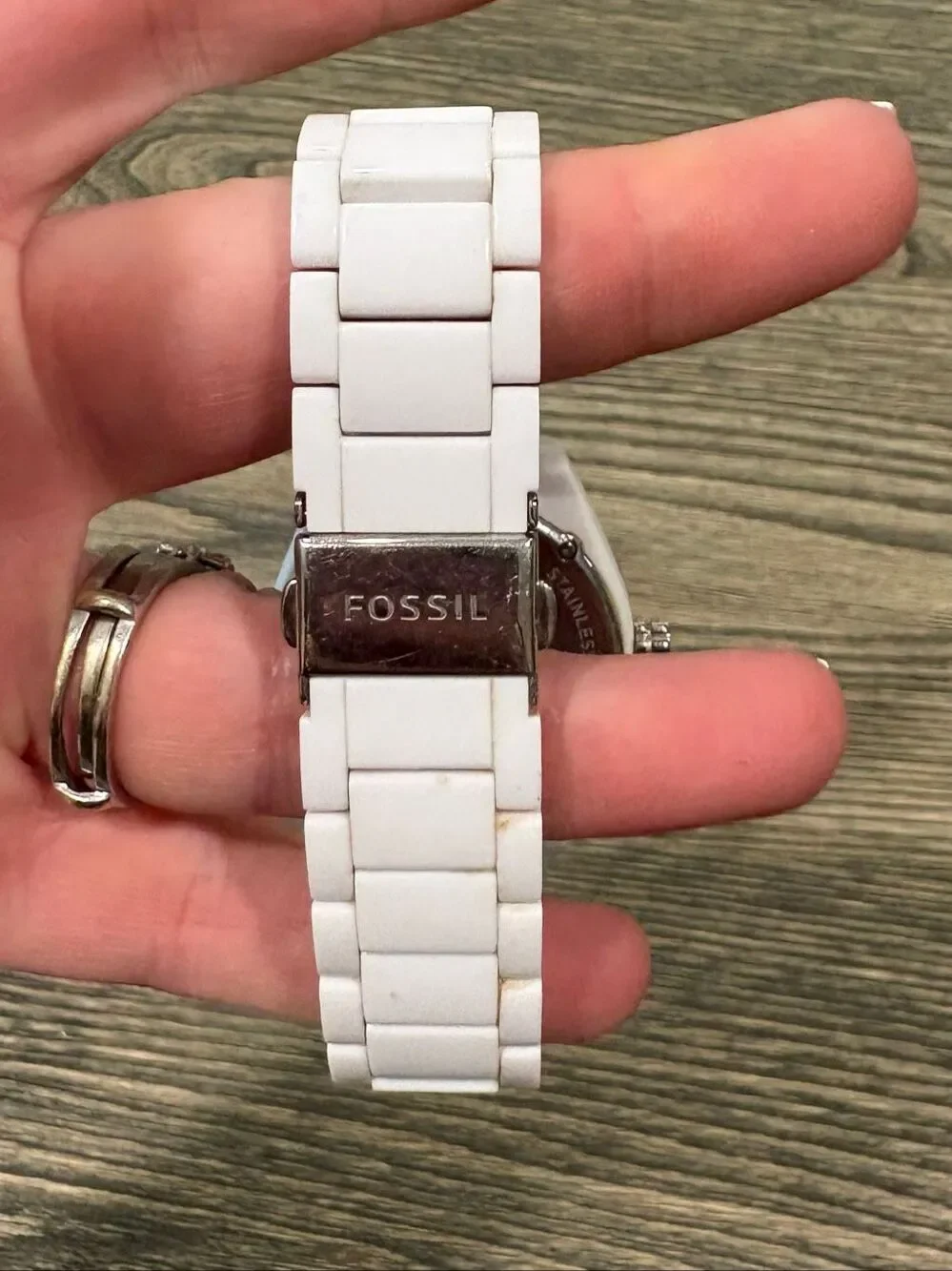 Fossil Womens Watch Chronograph Crystal Bezel White Ceramic Bracelet BQ3343